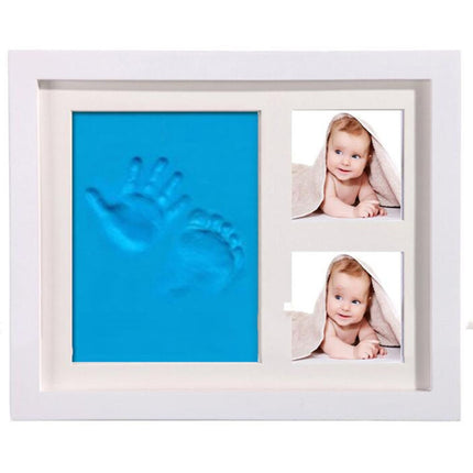 Solid Wood Three-frame BabyHands and Feet Mud Print Photo Frame with Cover(White Photo Frame Blue Mud)-garmade.com