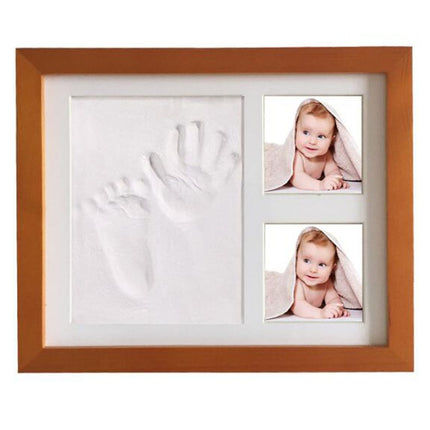 Solid Wood Three-frame BabyHands and Feet Mud Print Photo Frame with Cover(Brown Photo Frame White Mud)-garmade.com
