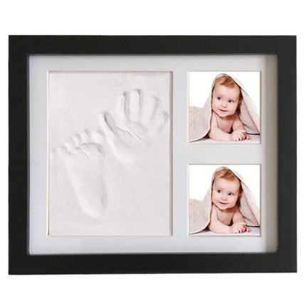 Solid Wood Three-frame BabyHands and Feet Mud Print Photo Frame with Cover(Black Photo Frame White Mud)-garmade.com