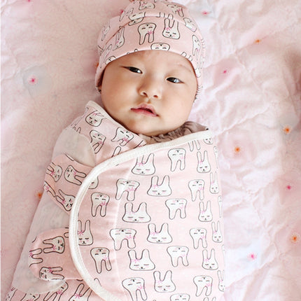 Spring Summer Cotton Baby Infant Bags Towels Sleeping Bags Knitted Cloth Cap Set, Size:S (50x70 CM)(Pink Rabbit)-garmade.com