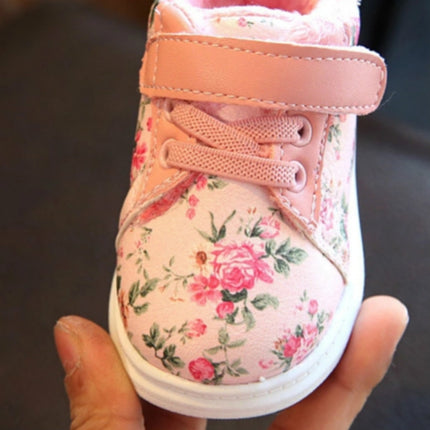 Winter Print Flower PU Leather Infant Warm Snow Boots, Size:16, Color:White-garmade.com