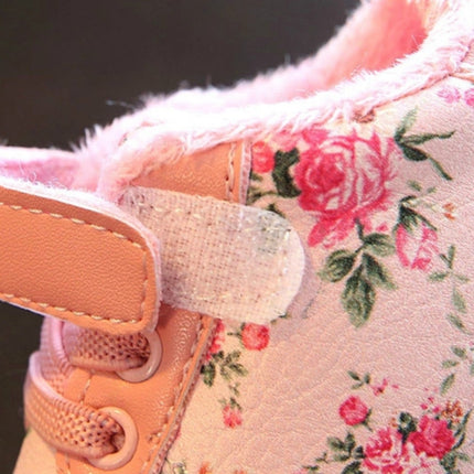 Winter Print Flower PU Leather Infant Warm Snow Boots, Size:16, Color:White-garmade.com