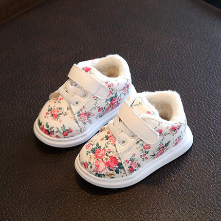 Winter Print Flower PU Leather Infant Warm Snow Boots, Size:21, Color:White-garmade.com