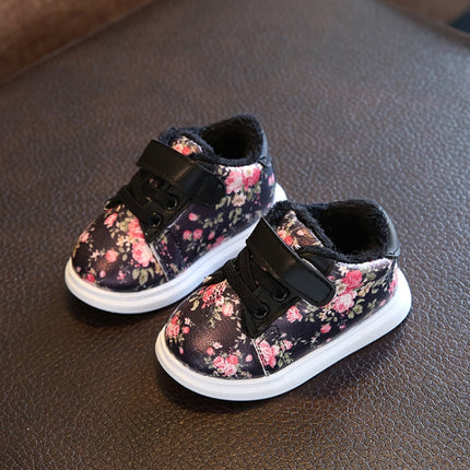 Winter Print Flower PU Leather Infant Warm Snow Boots, Size:17, Color:Black-garmade.com