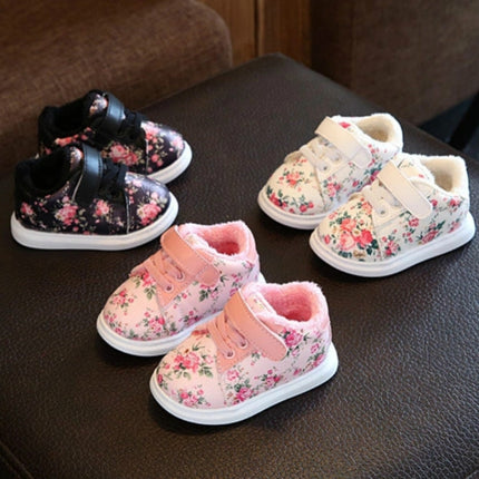 Winter Print Flower PU Leather Infant Warm Snow Boots, Size:24, Color:Black-garmade.com