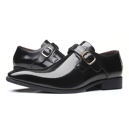 Pointed British Style Men Leather Shoes Buckle Low Heel Shoes, Size:47(Black)-garmade.com