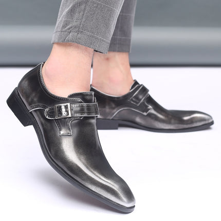 Pointed British Style Men Leather Shoes Buckle Low Heel Shoes, Size:47(Black)-garmade.com