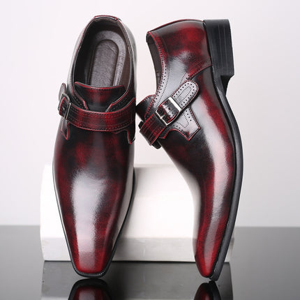 Pointed British Style Men Leather Shoes Buckle Low Heel Shoes, Size:47(Wine Red)-garmade.com