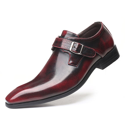 Pointed British Style Men Leather Shoes Buckle Low Heel Shoes, Size:47(Wine Red)-garmade.com