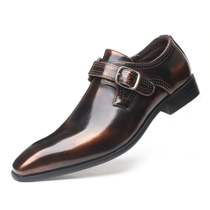 Pointed British Style Men Leather Shoes Buckle Low Heel Shoes, Size:47(Bronze)-garmade.com