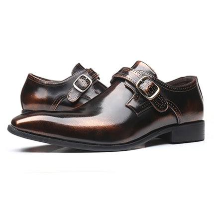 Pointed British Style Men Leather Shoes Buckle Low Heel Shoes, Size:47(Bronze)-garmade.com