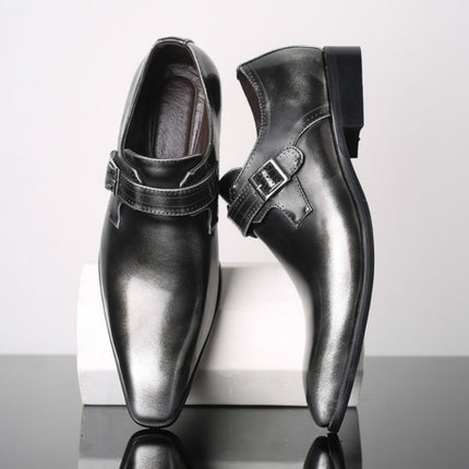 Pointed British Style Men Leather Shoes Buckle Low Heel Shoes, Size:47(Tin Grey)-garmade.com