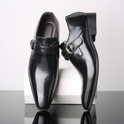 Pointed British Style Men Leather Shoes Buckle Low Heel Shoes, Size:48(Black)-garmade.com