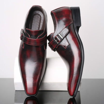 Pointed British Style Men Leather Shoes Buckle Low Heel Shoes, Size:48(Wine Red)-garmade.com