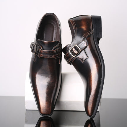Pointed British Style Men Leather Shoes Buckle Low Heel Shoes, Size:48(Bronze)-garmade.com