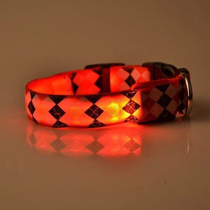 Plaid Pattern Rechargeable LED Glow Light Leads Pet Dog Collar for Small Medium Dogs, Size:S(Red)-garmade.com