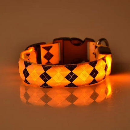Plaid Pattern Rechargeable LED Glow Light Leads Pet Dog Collar for Small Medium Dogs, Size:S(Yellow)-garmade.com