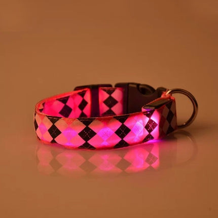 Plaid Pattern Rechargeable LED Glow Light Leads Pet Dog Collar for Small Medium Dogs, Size:S(Pink)-garmade.com