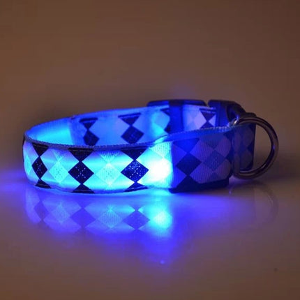 Plaid Pattern Rechargeable LED Glow Light Leads Pet Dog Collar for Small Medium Dogs, Size:L(Blue)-garmade.com
