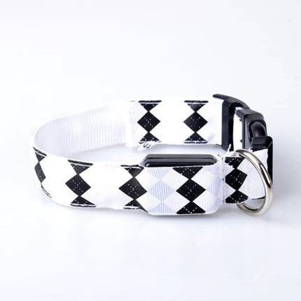 Plaid Pattern Rechargeable LED Glow Light Leads Pet Dog Collar for Small Medium Dogs, Size:L(White)-garmade.com