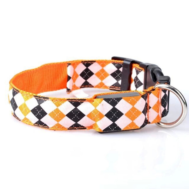 Plaid Pattern Rechargeable LED Glow Light Leads Pet Dog Collar for Small Medium Dogs, Size:L(Orange)-garmade.com