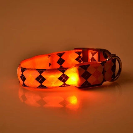 Plaid Pattern Rechargeable LED Glow Light Leads Pet Dog Collar for Small Medium Dogs, Size:L(Orange)-garmade.com