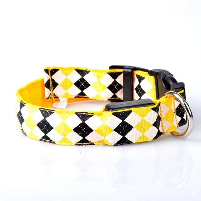 Plaid Pattern Rechargeable LED Glow Light Leads Pet Dog Collar for Small Medium Dogs, Size:L(Yellow)-garmade.com