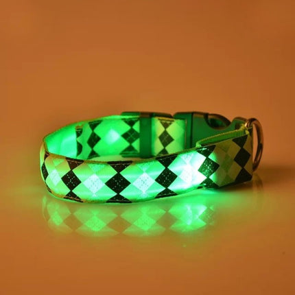 Plaid Pattern Rechargeable LED Glow Light Leads Pet Dog Collar for Small Medium Dogs, Size:L(Green)-garmade.com
