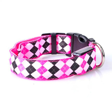Plaid Pattern Rechargeable LED Glow Light Leads Pet Dog Collar for Small Medium Dogs, Size:XL(Pink)-garmade.com