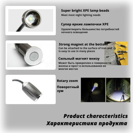Multi-functional with Magnet Charging Rotary Zoom Turn Work Light Glare Flashlight, XPE Charging Section US Plug(Silver)-garmade.com