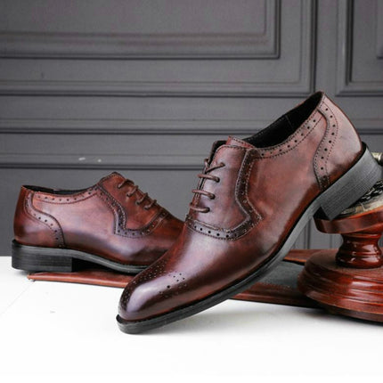 Male Autumn Top-grain Leather Pointed Business Dress Shoes, Size:40(Dark Brown)-garmade.com