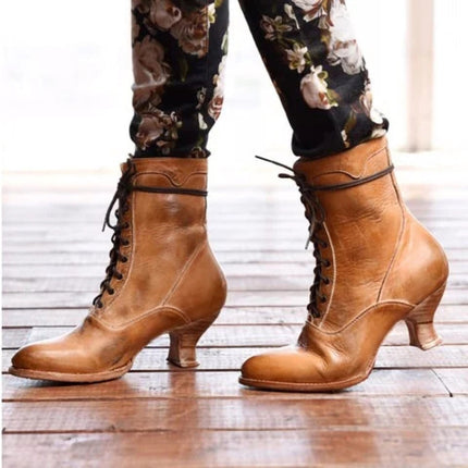Women High Heels Large Size Lace Boots Fighter Retro PU Leather Round Toe Shoes, Shoe Size:43(Yellow)-garmade.com