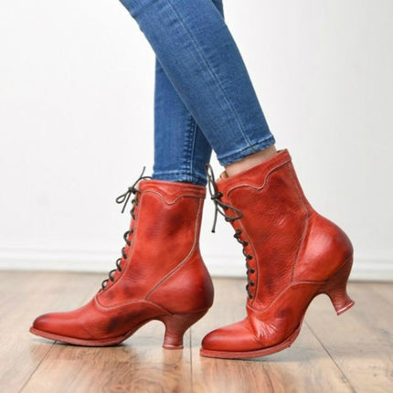 Women High Heels Large Size Lace Boots Fighter Retro PU Leather Round Toe Shoes, Shoe Size:43(Red)-garmade.com