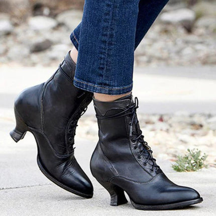Women High Heels Large Size Lace Boots Fighter Retro PU Leather Round Toe Shoes, Shoe Size:43(Black)-garmade.com