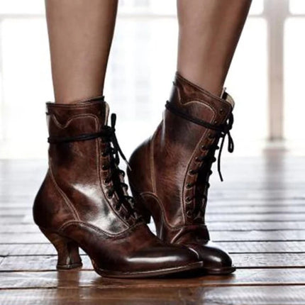Women High Heels Large Size Lace Boots Fighter Retro PU Leather Round Toe Shoes, Shoe Size:43(Brown)-garmade.com