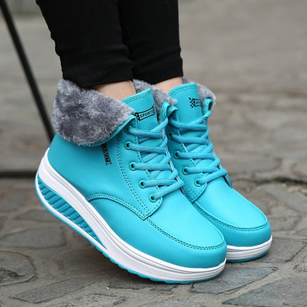 Women Booties Snow Lace Boots Autumn And Winter Female Wedge Shoes, Shoe Size:35(Blue)-garmade.com