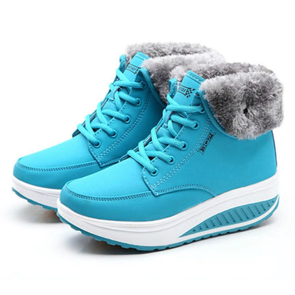 Women Booties Snow Lace Boots Autumn And Winter Female Wedge Shoes, Shoe Size:36(Blue)-garmade.com