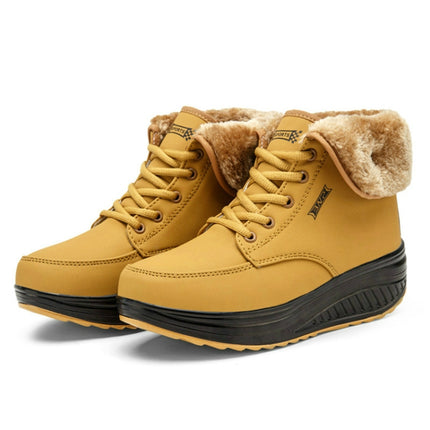 Women Booties Snow Lace Boots Autumn And Winter Female Wedge Shoes, Shoe Size:36(Yellow)-garmade.com