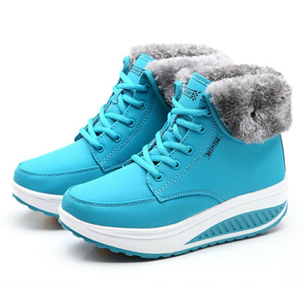 Women Booties Snow Lace Boots Autumn And Winter Female Wedge Shoes, Shoe Size:38(Blue)-garmade.com