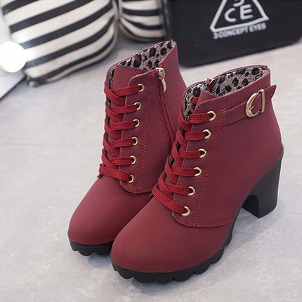 Fashion Square High Heels Solid Color Sneakers Women Snow Boots, Shoe Size:35(Red Wine)-garmade.com