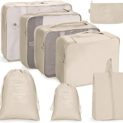 8 In 1 Beam Mouth Travel Storage Bag Set Folding Storage Bag( Beige)-garmade.com
