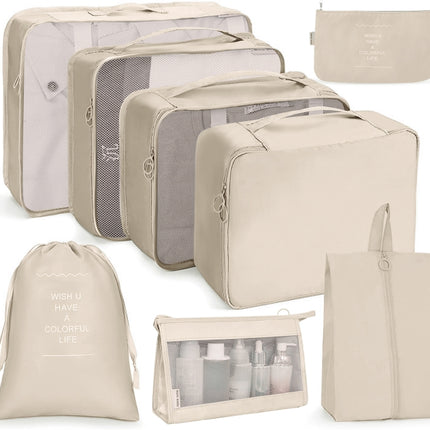 8 In 1 Cosmetic Bag Travel Storage Bag Set Folding Storage Bag( Beige)-garmade.com