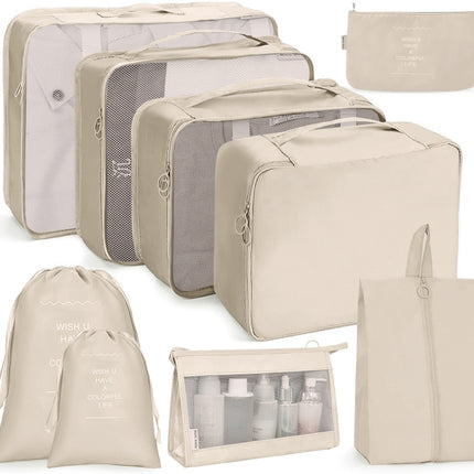 9 In 1 Cosmetic Bag Travel Storage Bag Set Folding Storage Bag( Beige)-garmade.com