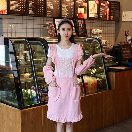 2 PCS Princess Apron Kitchen Women Work Clothes Coffee Shop Apron, Specification:Apron + Sleeve(Pink)-garmade.com