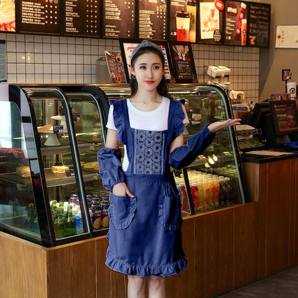 2 PCS Princess Apron Kitchen Women Work Clothes Coffee Shop Apron, Specification:Apron + Sleeve(Dark blue)-garmade.com