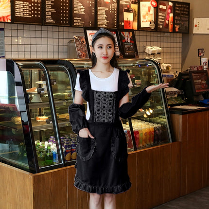 2 PCS Princess Apron Kitchen Women Work Clothes Coffee Shop Apron, Specification:Apron + Sleeve(Black)-garmade.com