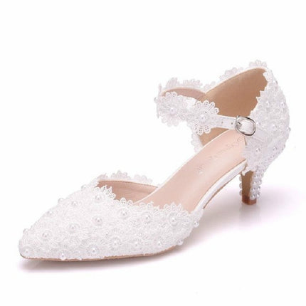 Women Shoes Lace Pearl Princess Pointed Shoes, Size:34(White 5.5 cm)-garmade.com