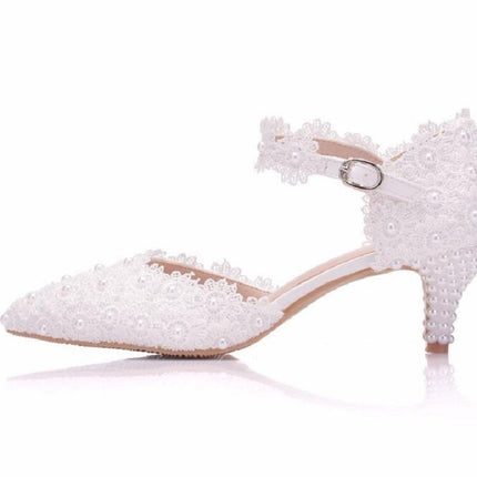 Women Shoes Lace Pearl Princess Pointed Shoes, Size:34(White 5.5 cm)-garmade.com
