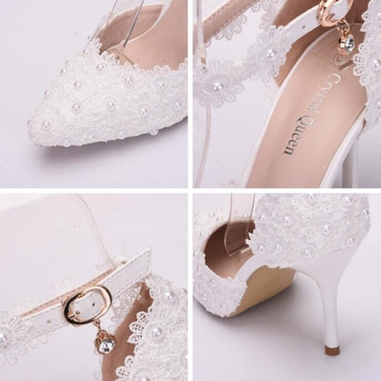 Women Shoes Lace Pearl Princess Pointed Shoes, Size:34(White 5.5 cm)-garmade.com