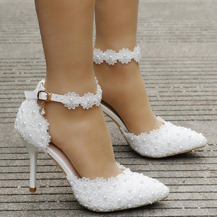 Women Shoes Lace Pearl Princess Pointed Shoes, Size:34(White 7.5 cm)-garmade.com